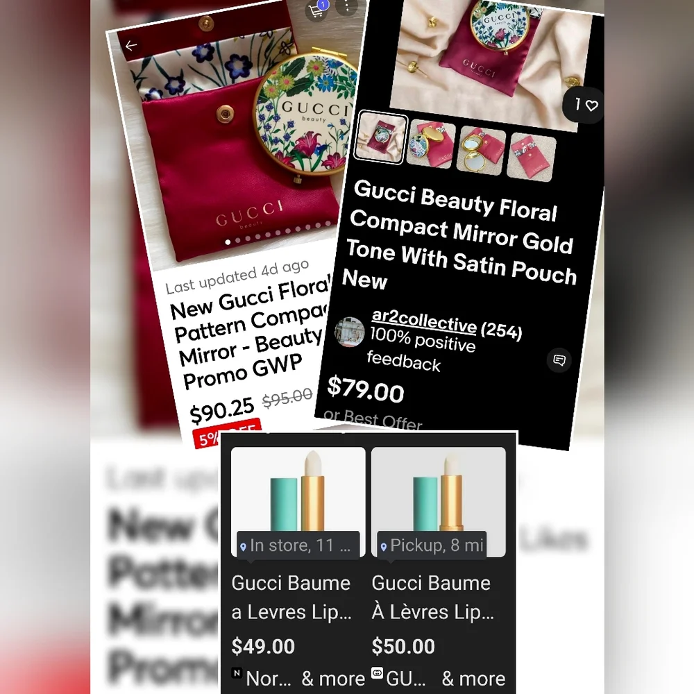 Gucci Beauty Floral Compact Mirror W/Satin Pouch, Gucci Baume à Lèvres Lip Balm - Picture 5 of 5